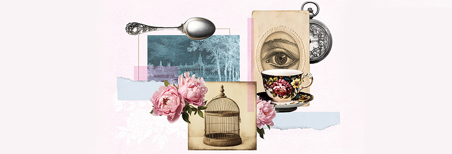 Illustration with a spoon, bird cage and drawn eye with a tea cup